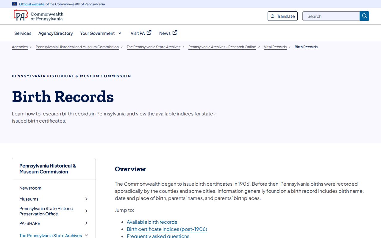 Harrisburg resident lookup State Archives birth record guide