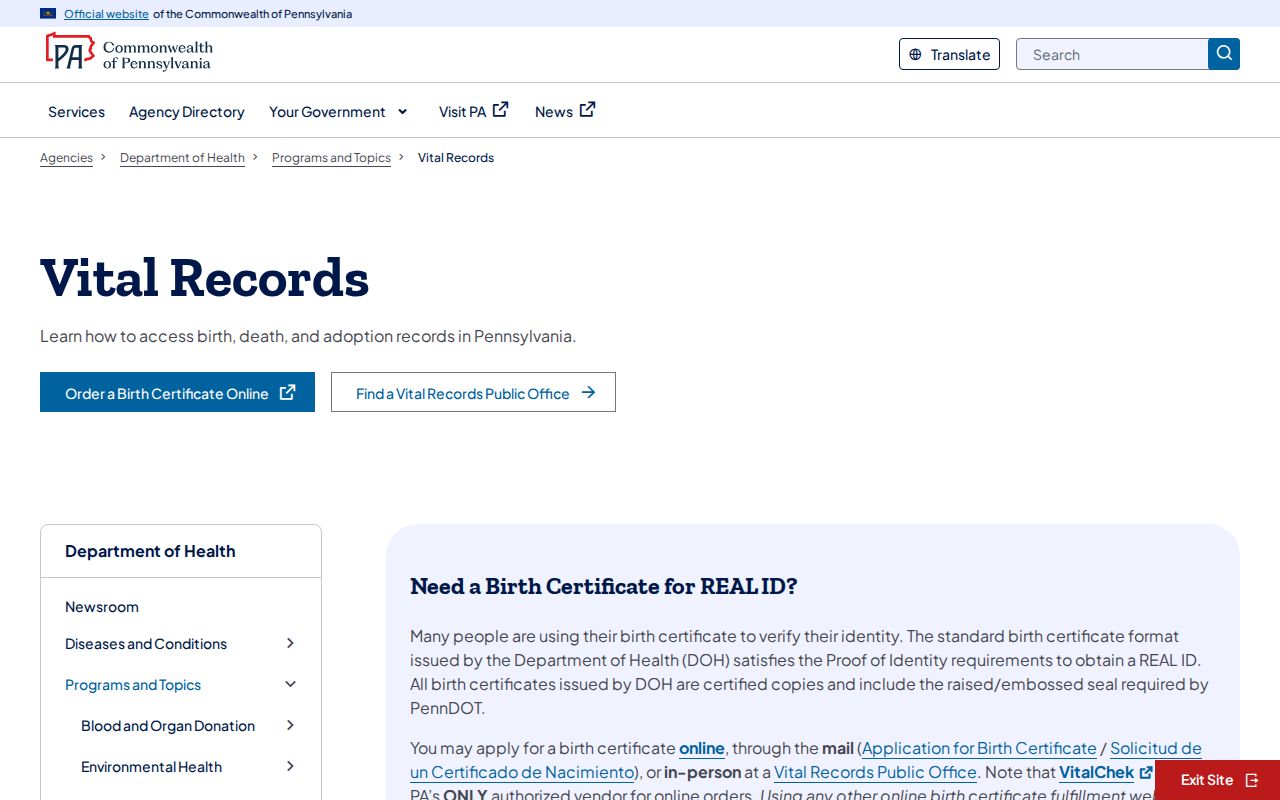 Harrisburg resident lookup Pennsylvania Vital Records service
