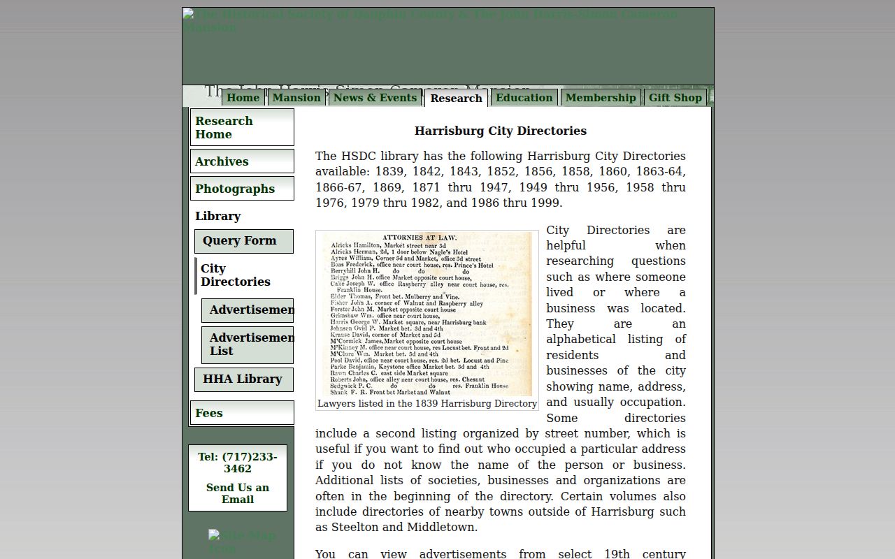 Harrisburg city directory collection page at the Historical Society of Dauphin County
