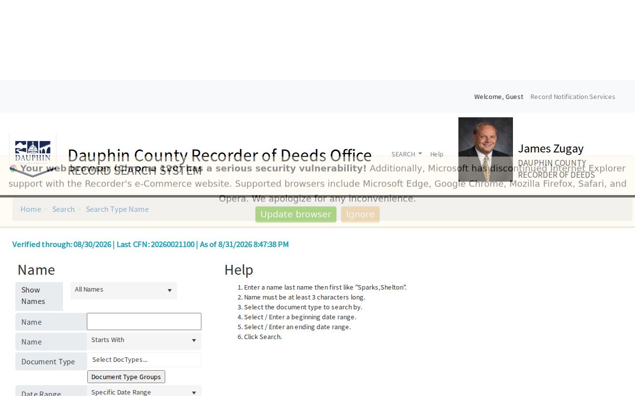 Harrisburg city directory research with Dauphin Recorder name-search interface