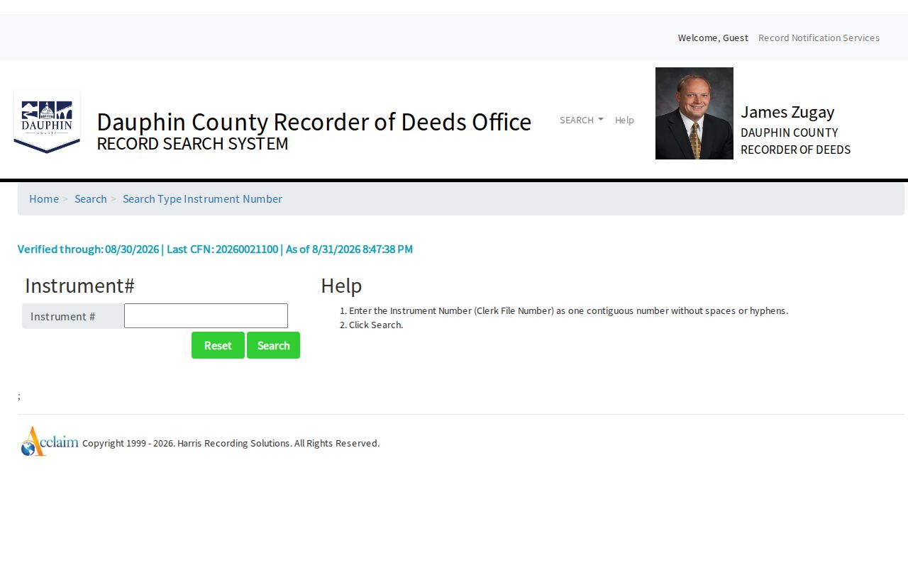 Harrisburg previous residents Recorder instrument-number search