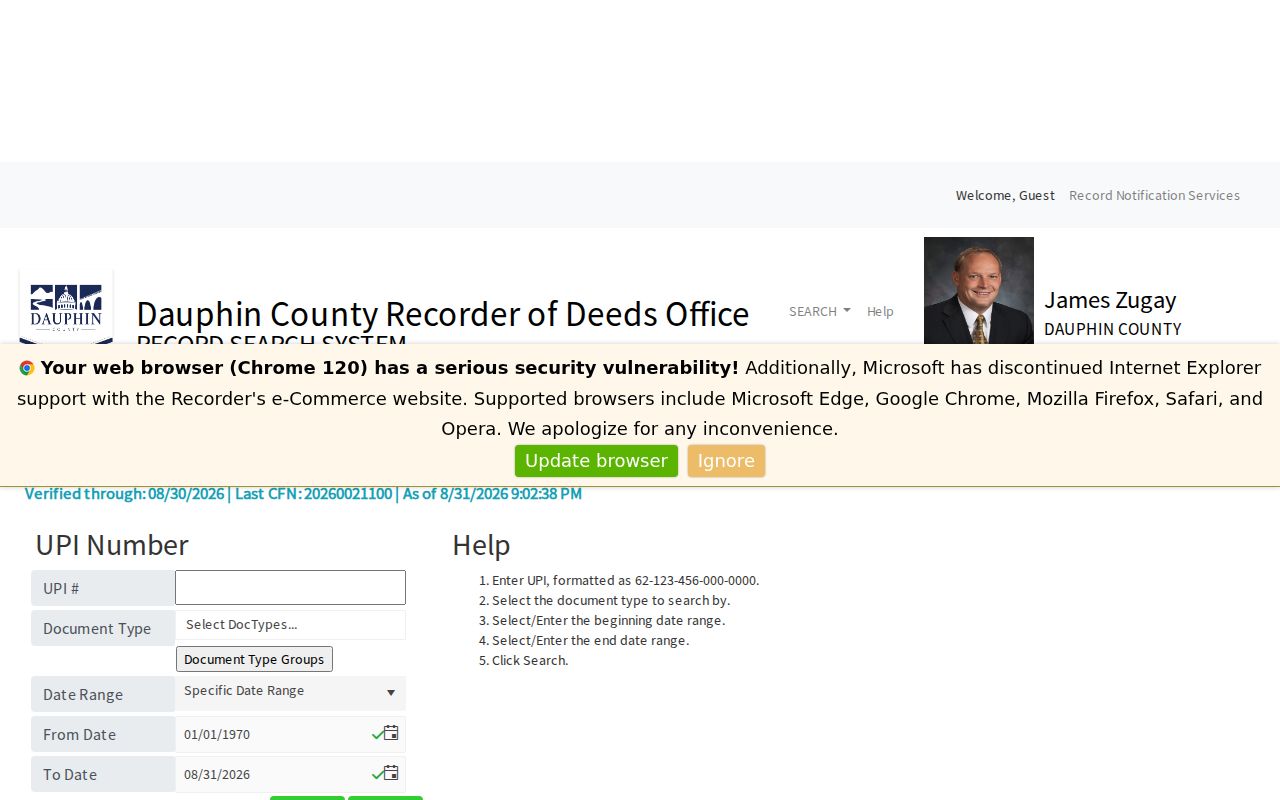 Harrisburg previous residents Recorder UPI parcel-number search