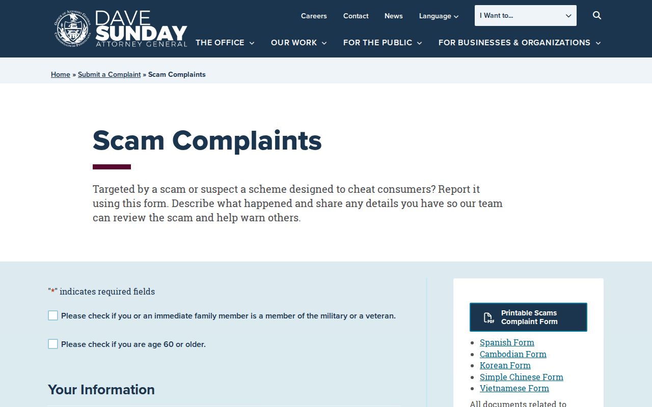 Harrisburg ZIP code directory Pennsylvania Attorney General scam complaint form