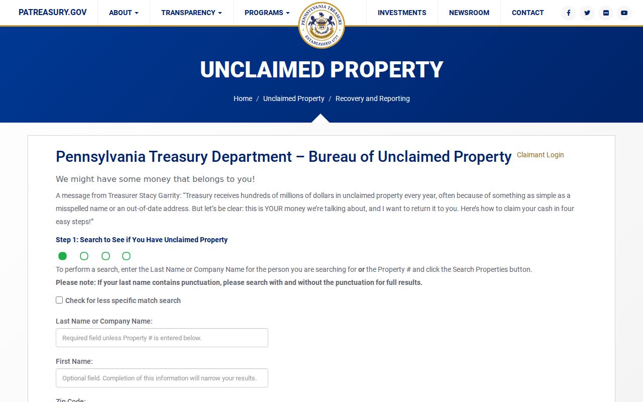 Harrisburg ZIP code directory Pennsylvania Treasury unclaimed property search