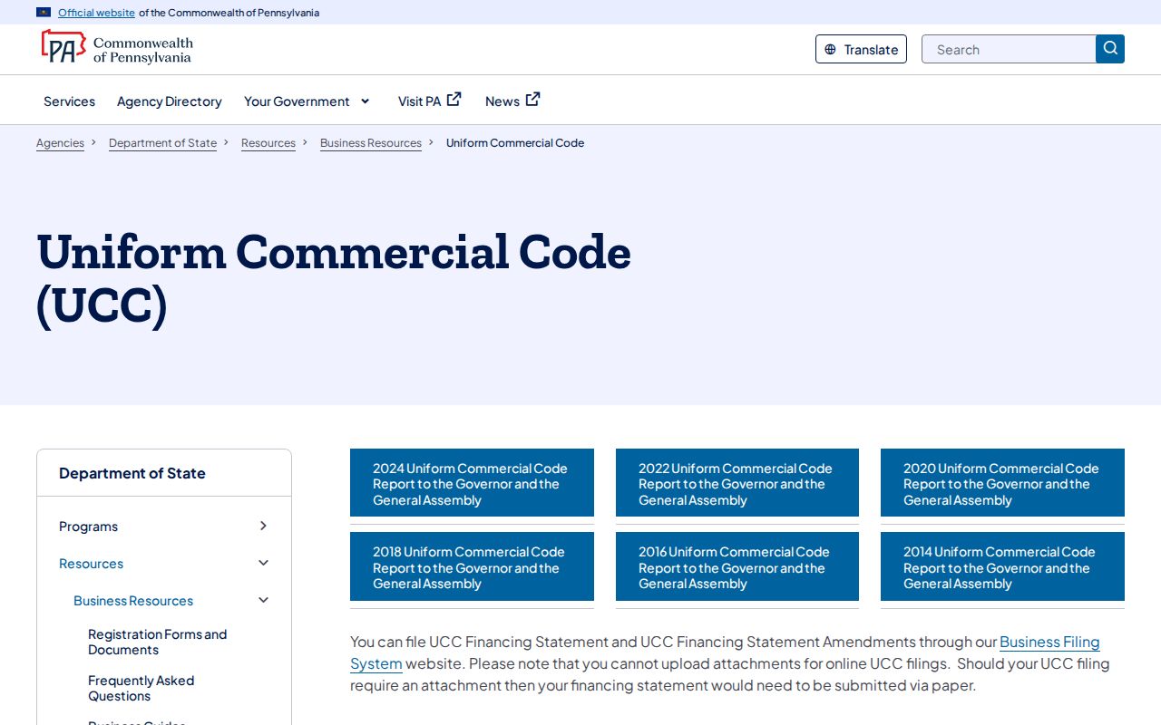 Harrisburg ZIP code directory Pennsylvania UCC filing system